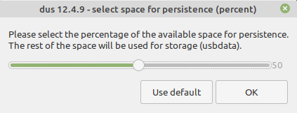 seleziona spazio di persistenza e di storage in mkusb