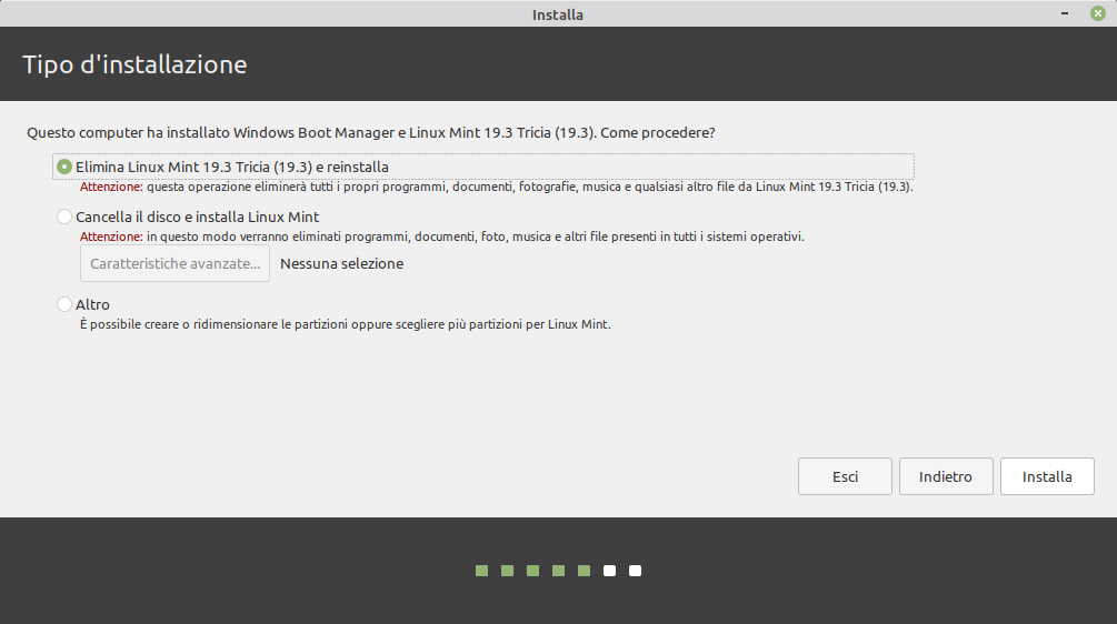 tipo installazione Linux Mint 20