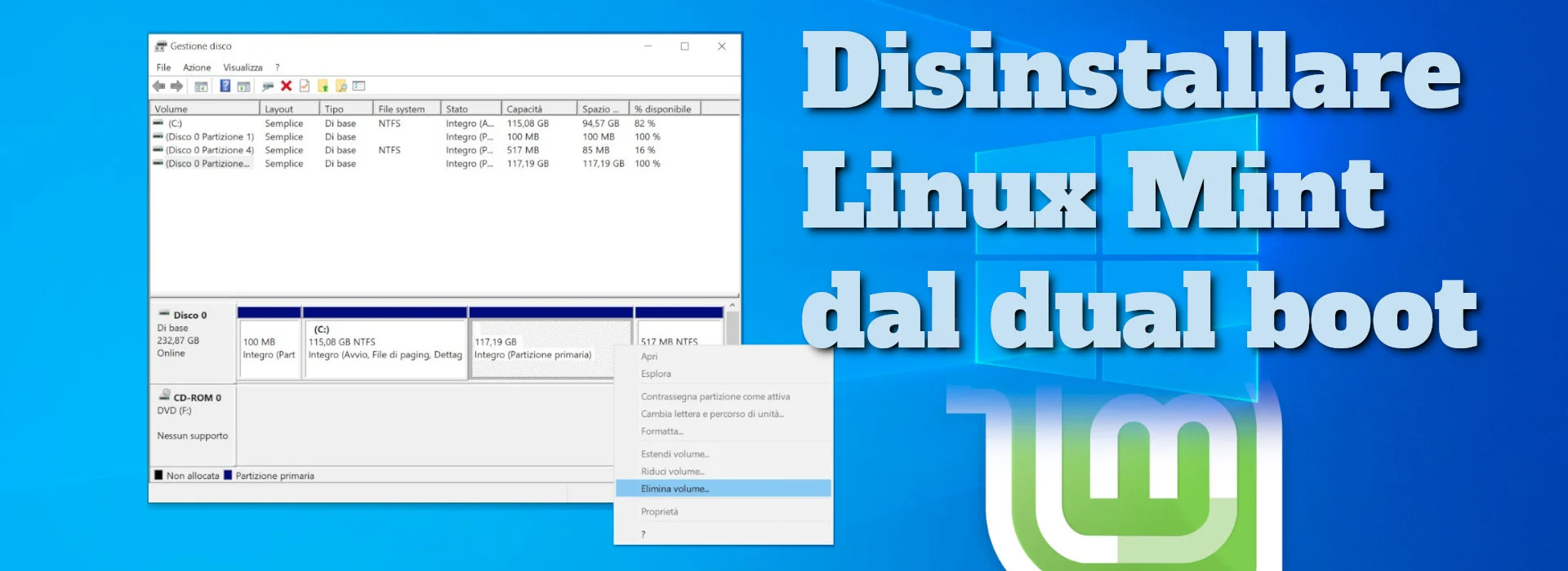 Disinstallare Linux Mint in dual boot e ripristinare solo Windows