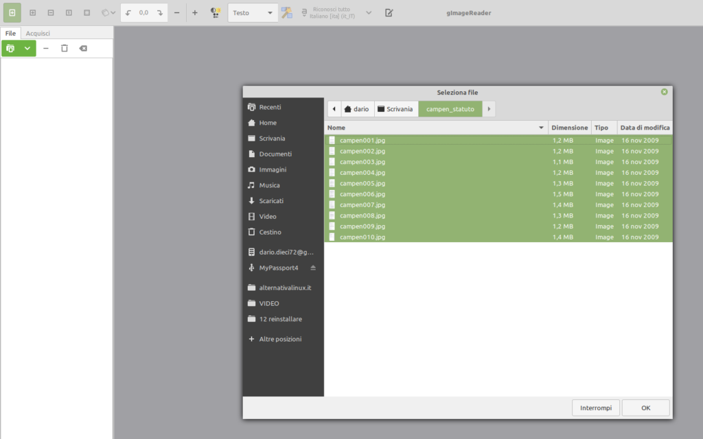 importazione file per ocr in gimagereader linux mint