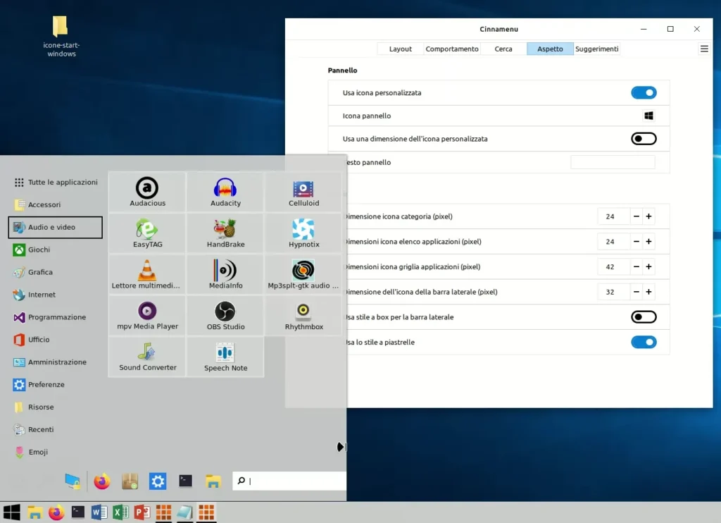 Menu in stile Windows 10 con l'applet Cinnamenu di Linux Mint Cinnamon