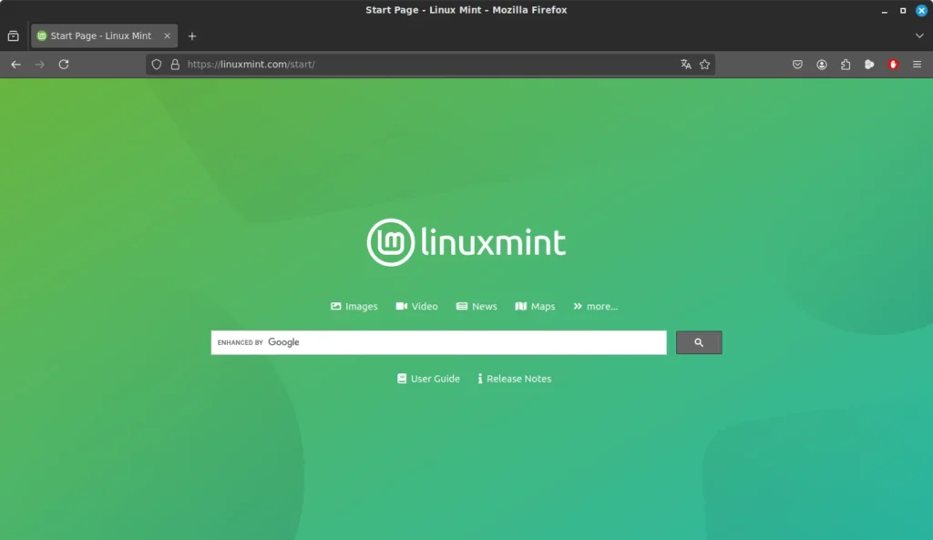 La pagina principale di Firefox in Linux Mint fino al 2022