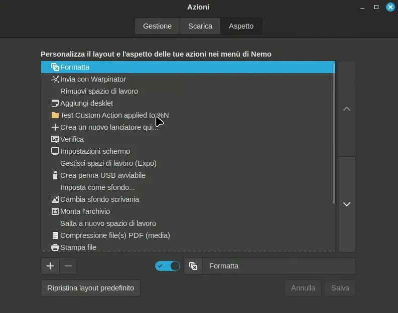 Editor di menu contestuale in Linux Mint 22 Cinnamon