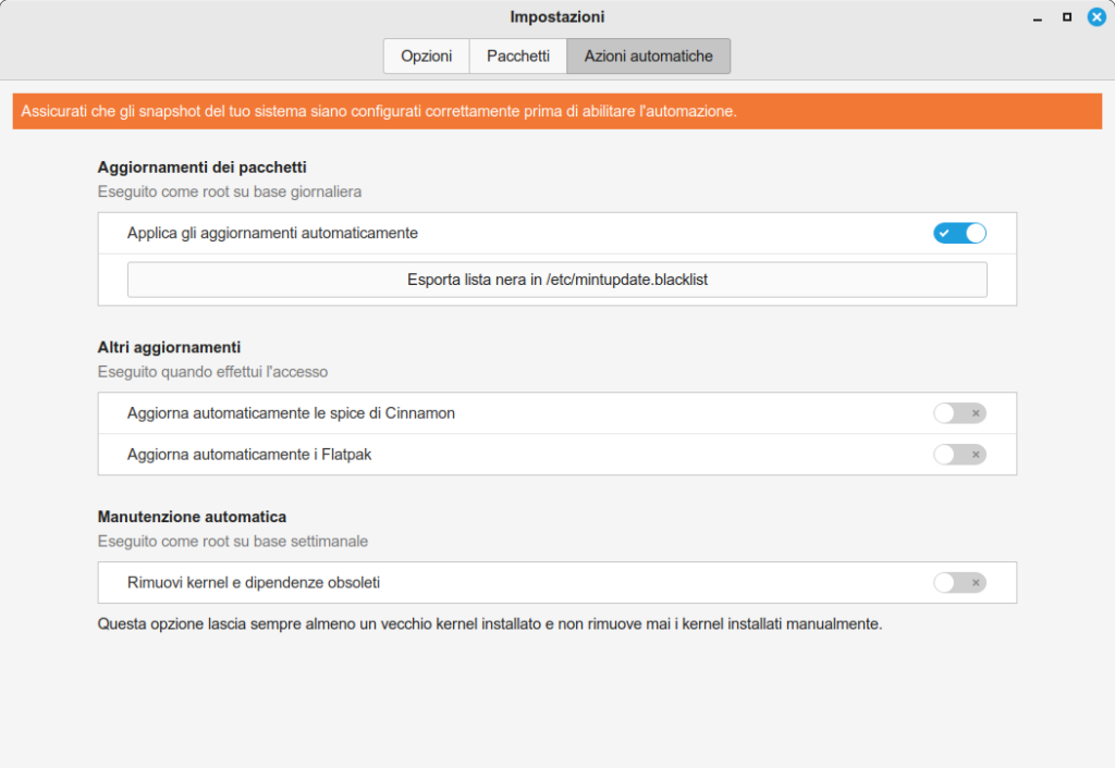 Aggiornamenti automatici di sistema e programmi in Linux Mint