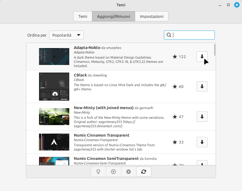 Aggiungi/Rimuovi temi online Linux Mint Cinnamon