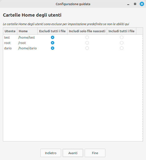 Le cartelle home degli utenti non sono salvate da Timeshift per impostazione predefinita