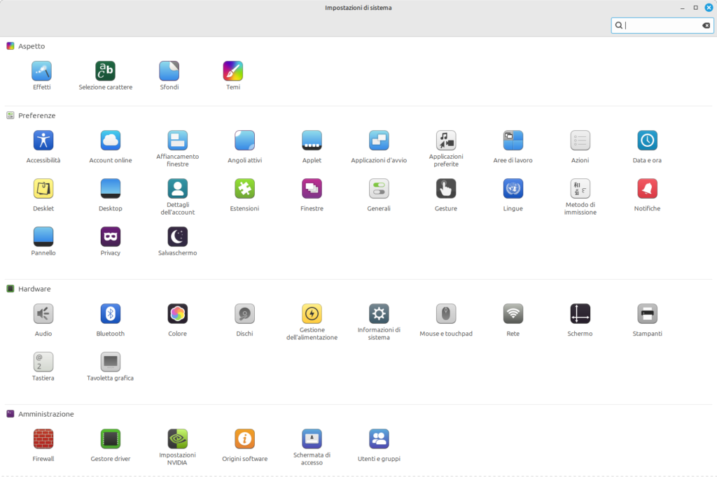 Impostazioni di sistema di Linux Mint 22 Cinnamon