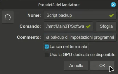 Lanciatore desktop per lo script