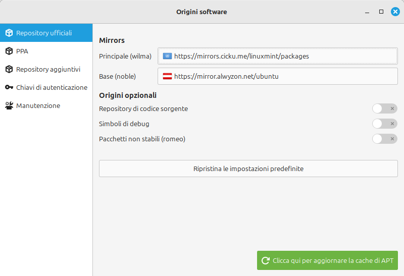 Modifica origini software e aggiornamento cache APT