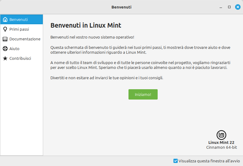 Schermata di benvenuto: post installazione di Linux Mint 22