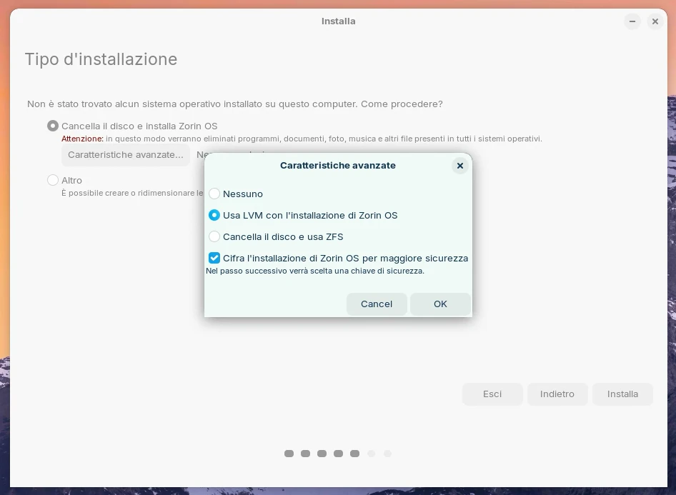 Opzioni avanzate di installazione di Zorin OS 17.2