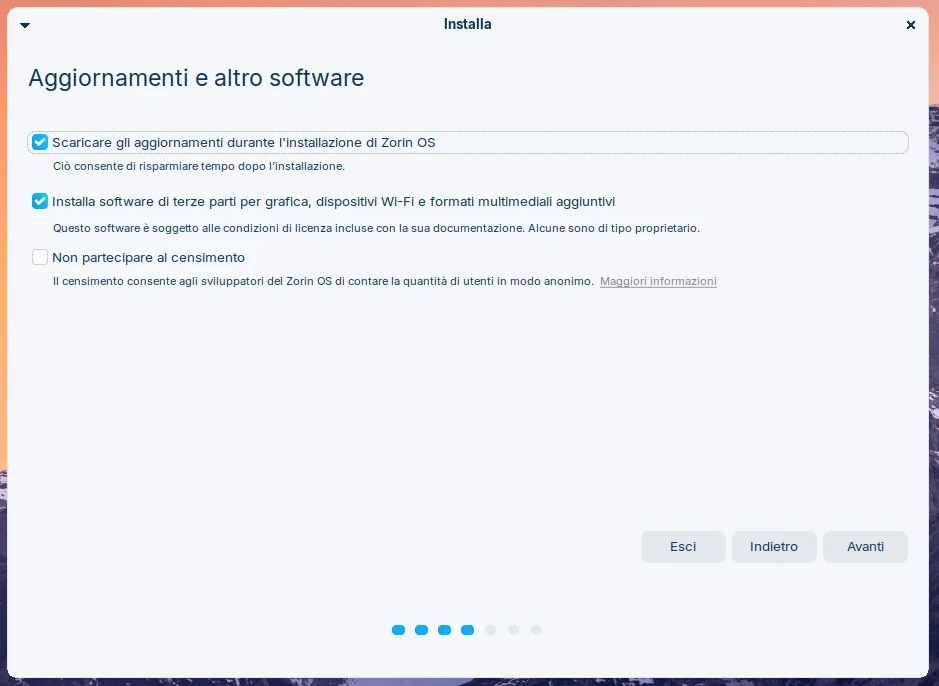 Aggiornamenti e software di terze parti durante l'installazione di Zorin OS