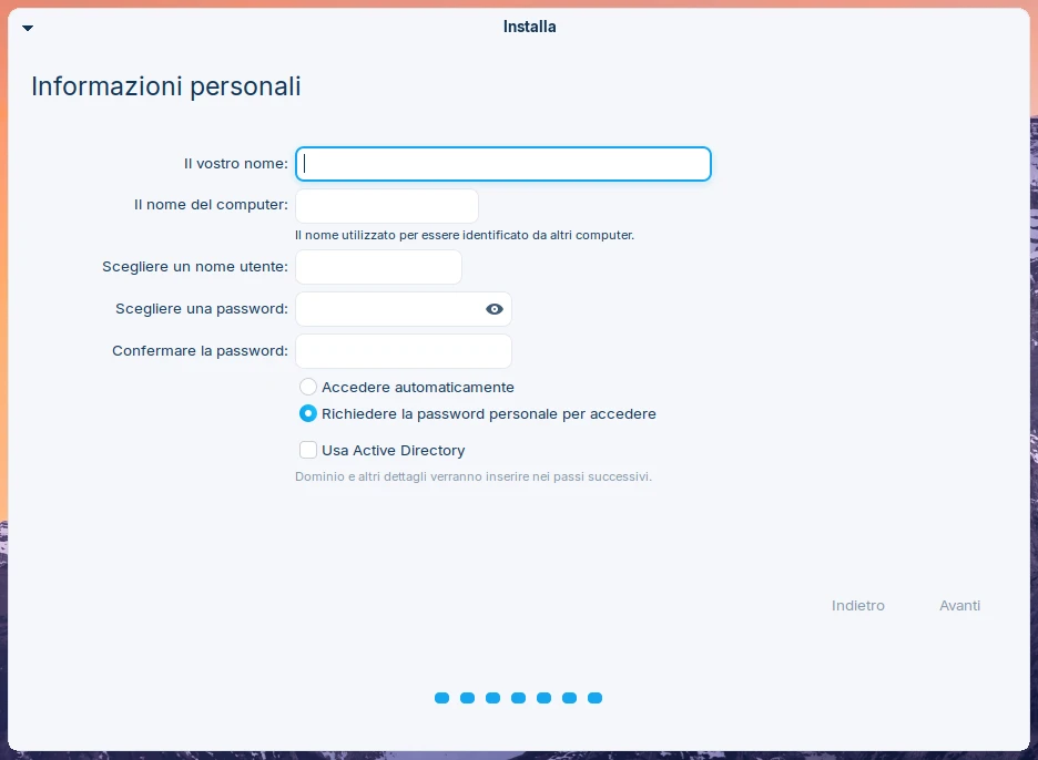 Indicazione dati personali nel'installazione di Zorin OS 17