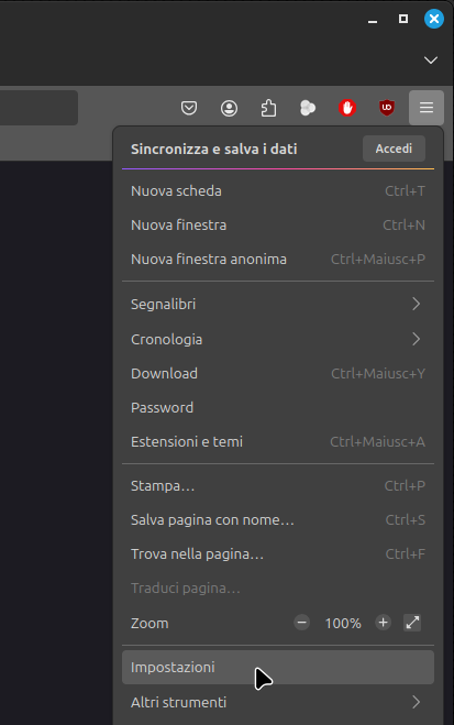 Accesso alle impostazioni di Firefox