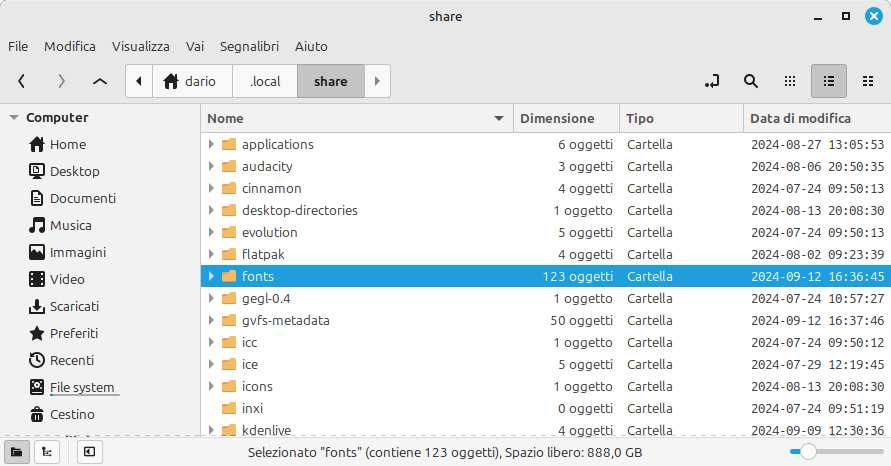 Caratteri aggiuntivi nella home in .local/share/fonts