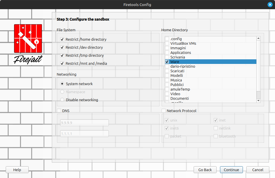 Configurazione di Firetools per il sandboxing in Linux