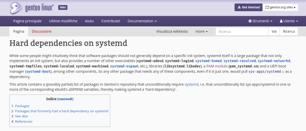 Le importanti dipendenze da systemd nel wiki di Gentoo Linux