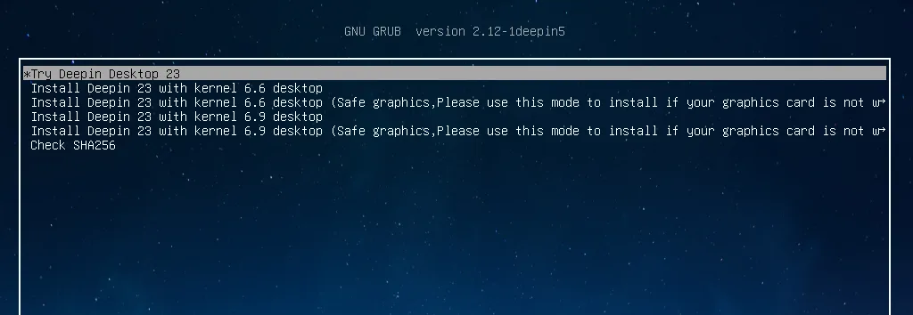 Menu di GRUB di Deepin 23 finale