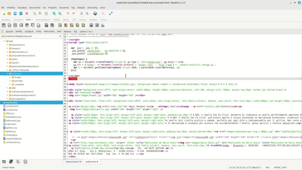 Schermata di Bluefish HTML editor in Linux