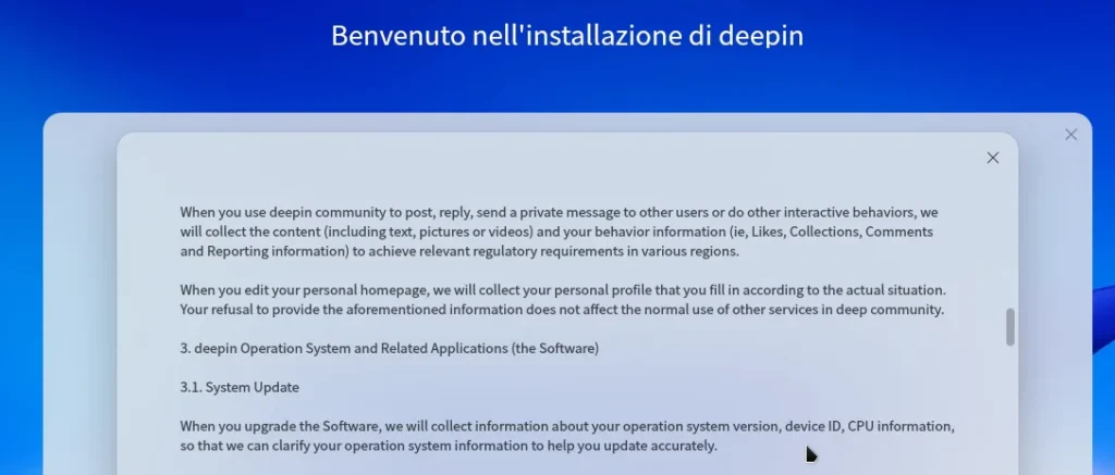 Condizioni utilizzo e privacy policy di Deepin 23