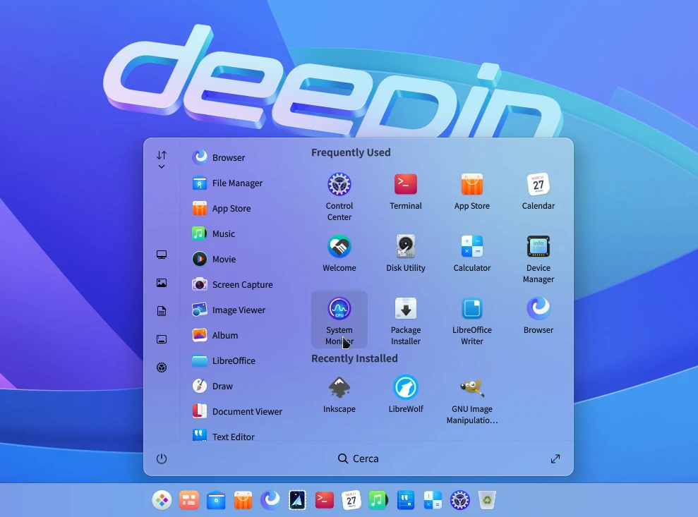 Il menu principale di Deepin 23