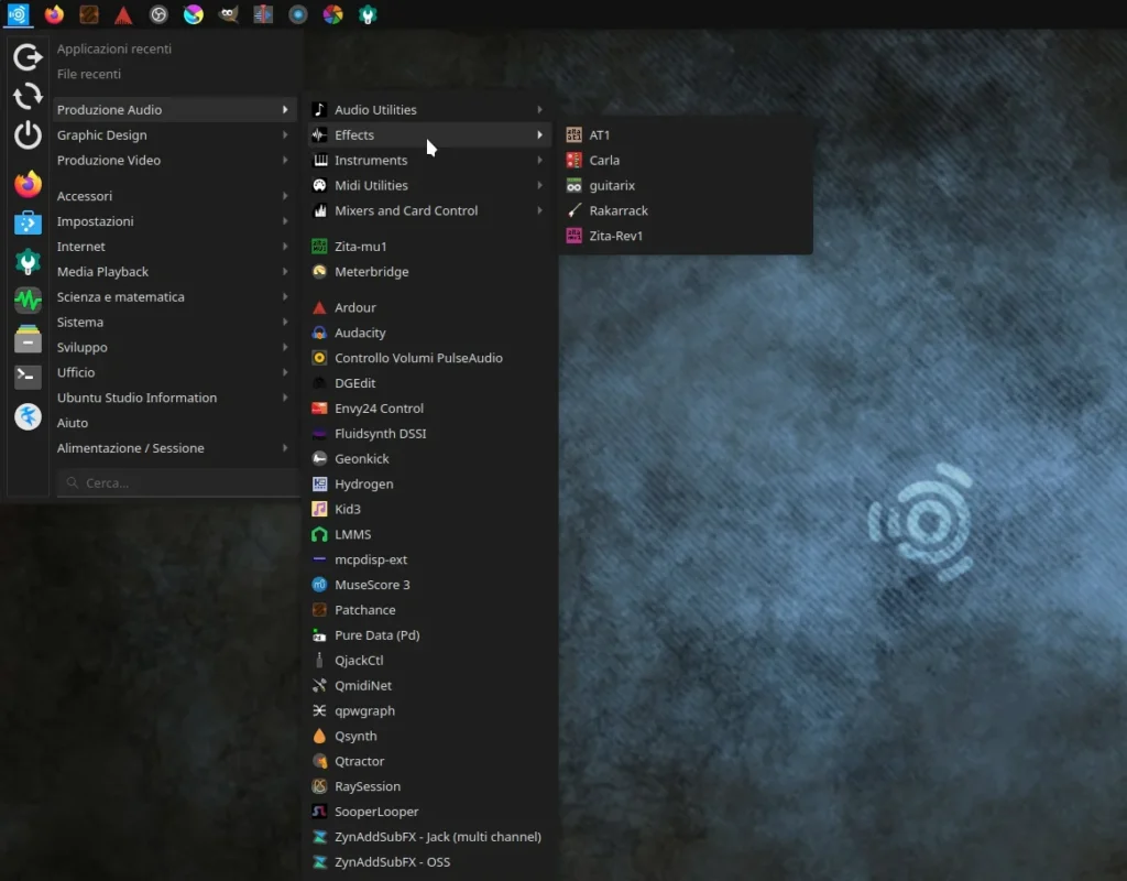 Strumenti di produzione audio nel menu di Ubuntu Studio