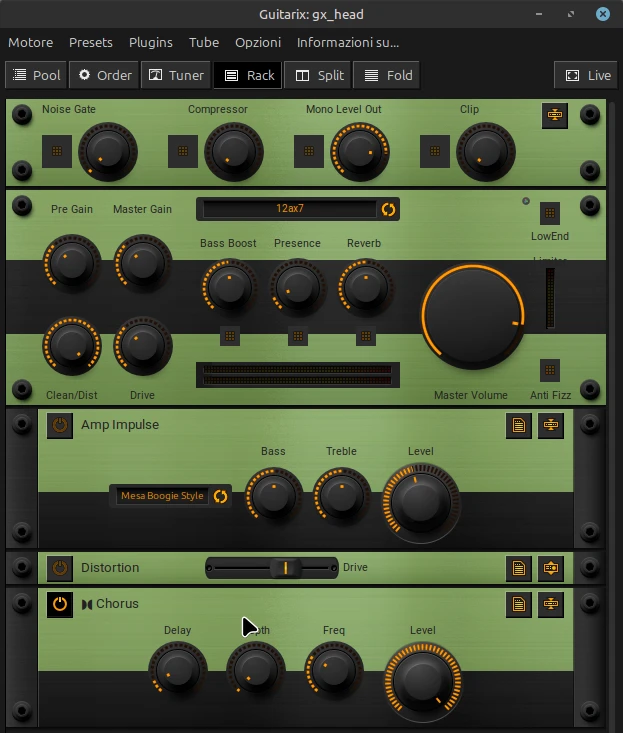 Interfaccia di Guitarix: multieffetto per chitarra e basso per Linux