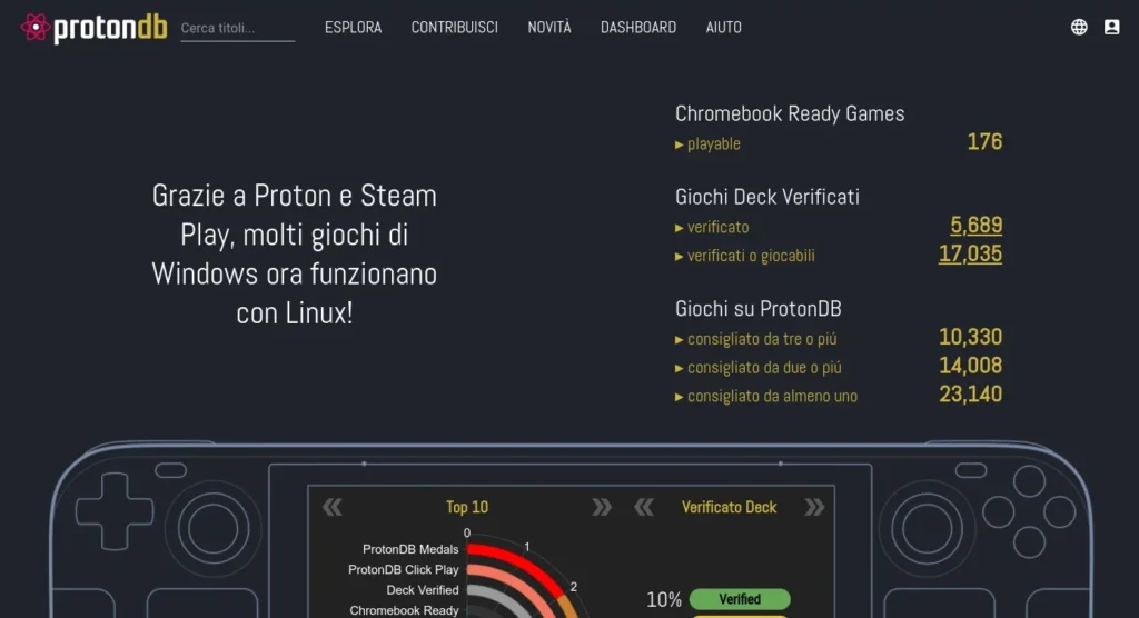 Homepage del progetto ProtonDB per titoli  Windows in Steam per Linux