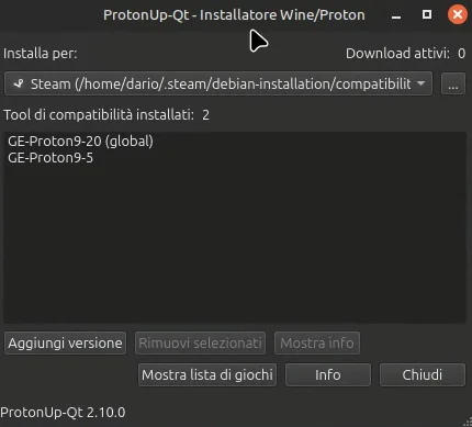 Schermata di ProtonUp Qt per gaming Windows con Linux