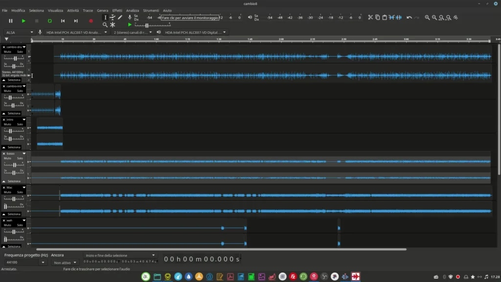 Finestra di Tenacity per l'editing audio multitraccia in Linux