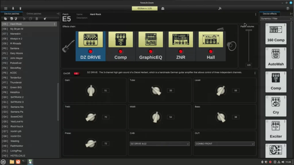 L'applicazione di Tonelib per controllare multieffetti chitarra e basso Zoom con Linux