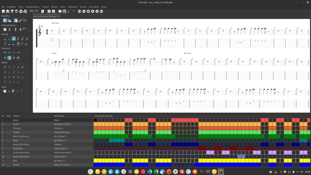 Finestra di TuxGuitar per i file GuitarPro in Linux