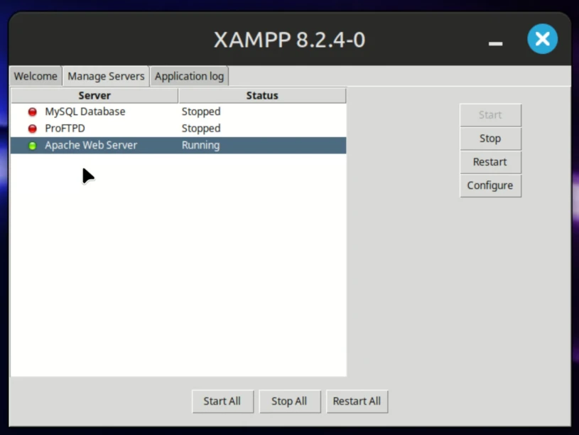 Pannello di controllo di XAMPP web server in Linux Mint